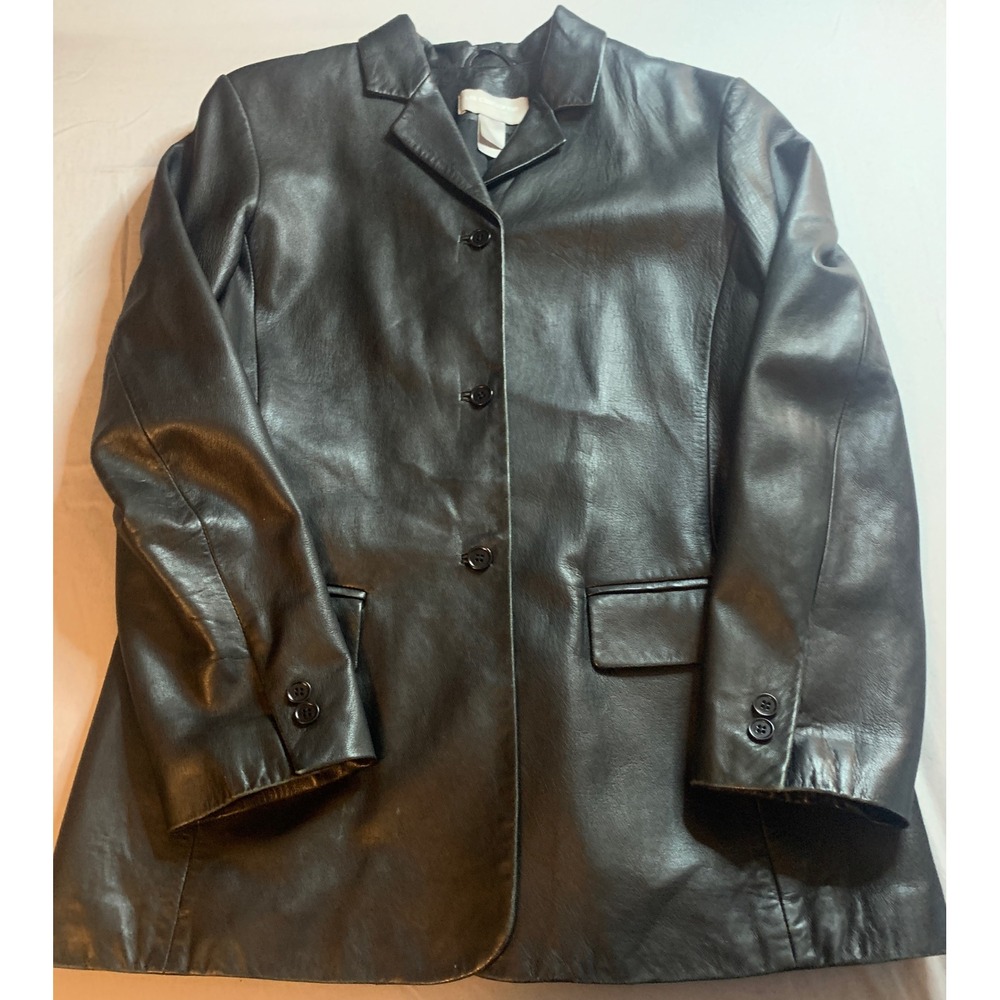 Liz Claiborne Black Leather Blazer Jacket Womens Size 10 Classic Button Front